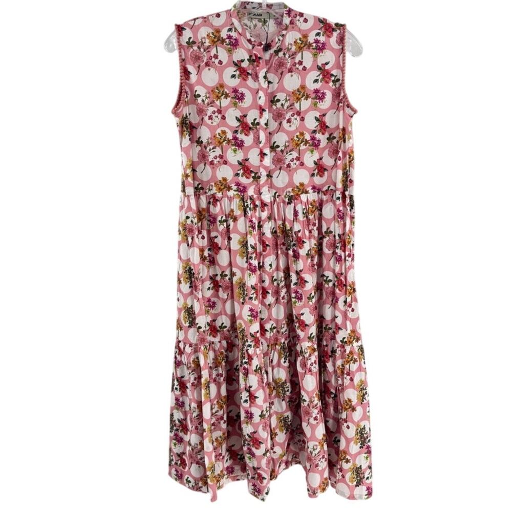 Khaadi Floral Midi Dress Sz 10 Pink Sleeveless Ruffle Button Front